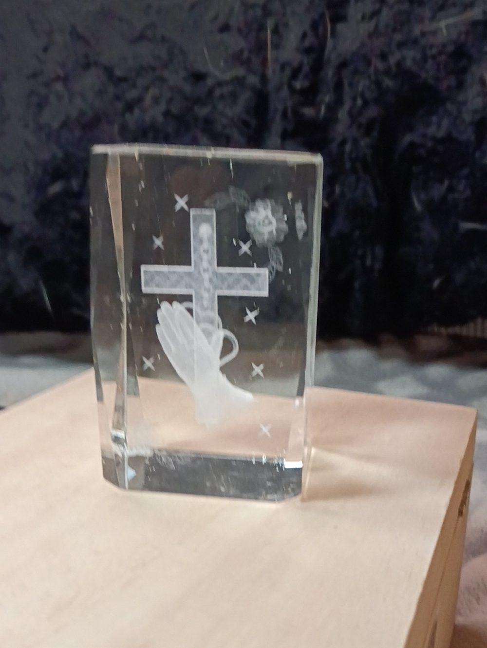 Clear Glass Prayer Crystal Block with White Etched Cross